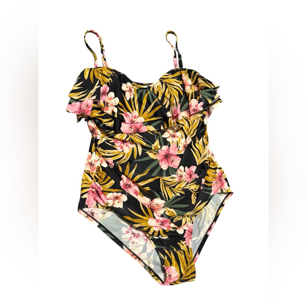 One Piece Swimsuit XL Full Coverage Kona Sol Tummy Control Tropical Flounce